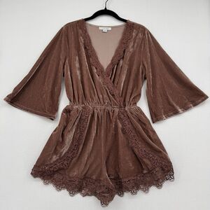 Velvet Romper Lace Trim Boho Festival Bell Sleeve Mauve Brown Festival Trendy S